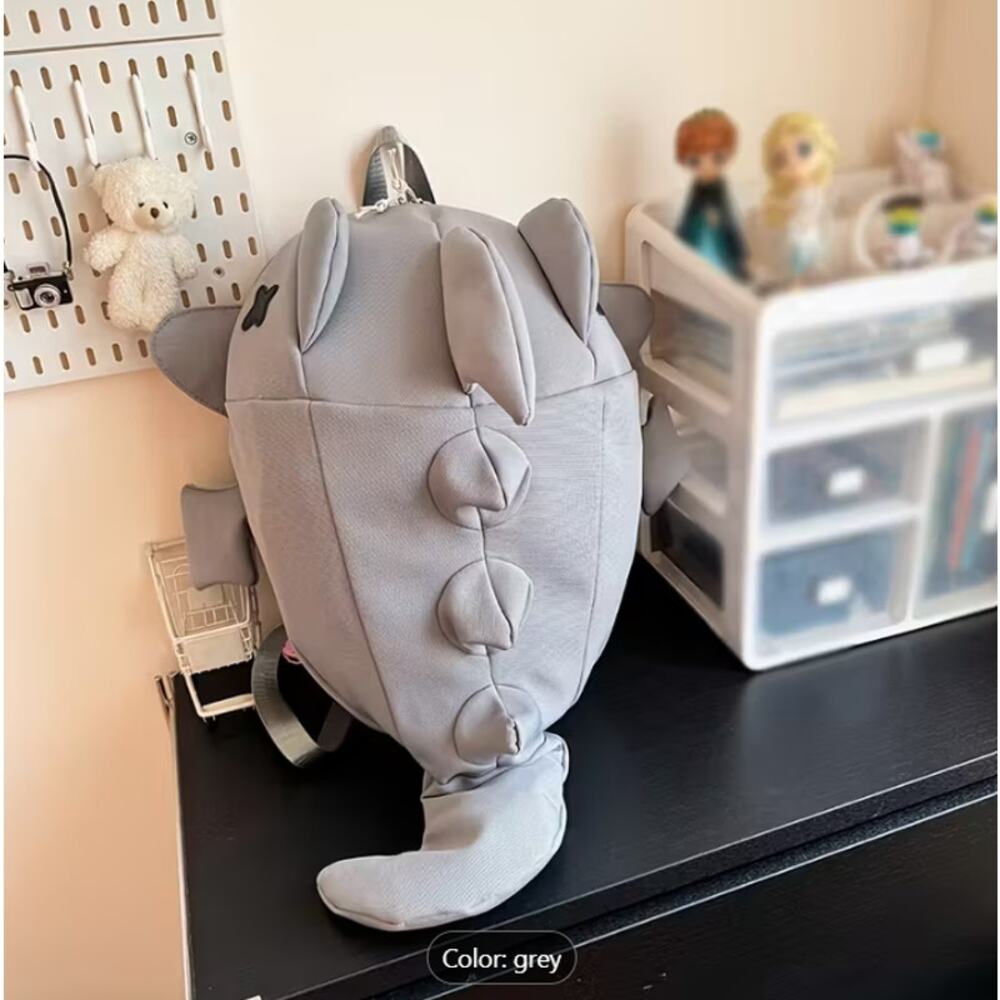 Gray Kawaii Plush Dragon Backpack Soft Cartoon Animal Bag, Adjustable Straps